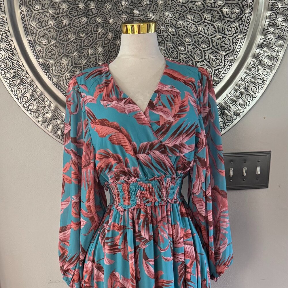 Bohme Maxi Tropical Aqua Print Knit Tiered Dress M